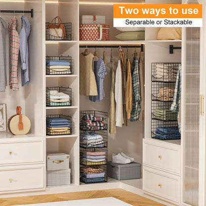 Hongtamoya 4-Tier Stackable Closet Organizers and Storage Shelves, Clothes Storage Basket, Clothes Shelf Organizer Sweater Organizer Bins Container for Wardrobe Kitchen Bathroom Office, Black