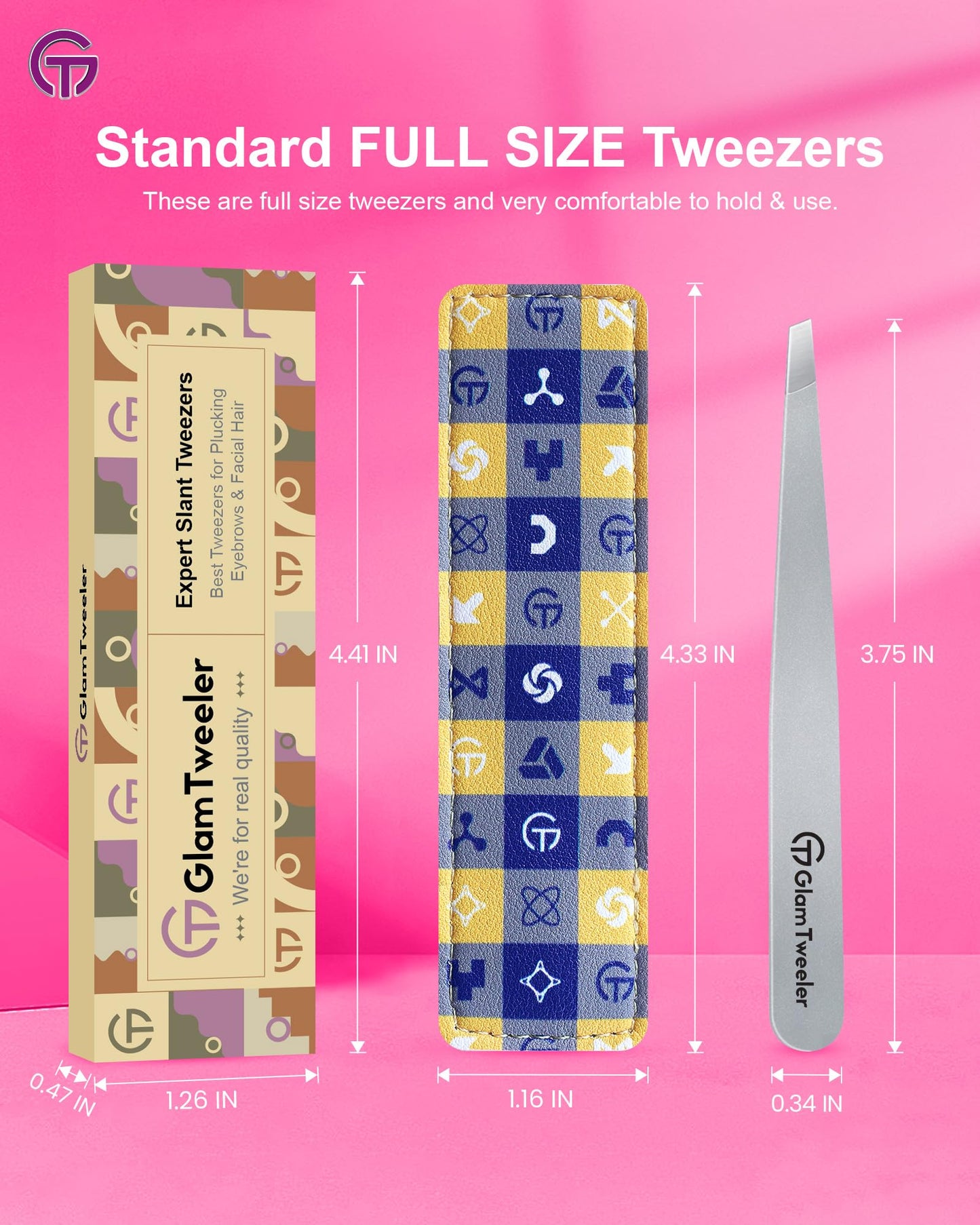 Expert Slant Tip Tweezers with Leather Case, GlamTweeler Sharp & Precision Stainless Steel Tweezer for Eyebrows, Facial Hair and Fine Hairs Removal (Silver)