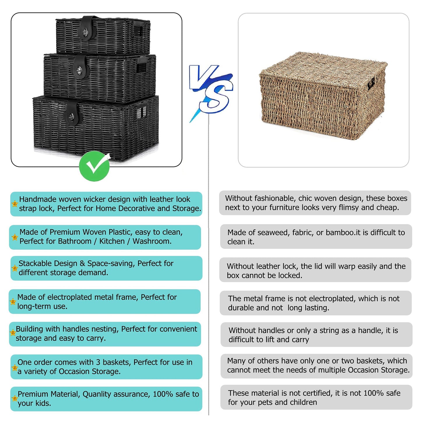 Homepeaz Set of 3 Woven Storage Basket Box Wicker Hamper Stackable Bin with Lid & Lock, Built-in Carry Handles, Organizer for Nursery, Baby Closet, Diaper, Toys, Home, Office, Laundry, DVD (Black)