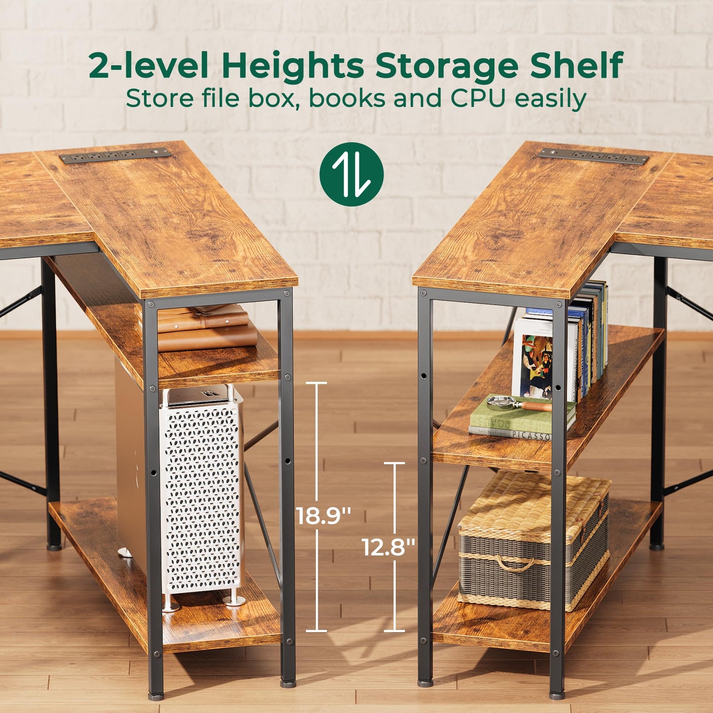 Huuger L Shaped Office Desk with Power Outlets, 47 Inch Computer Desk with 3 Drawers, Shelves, for Gaming, Corner Work, Home Office, Study, Rustic Brown