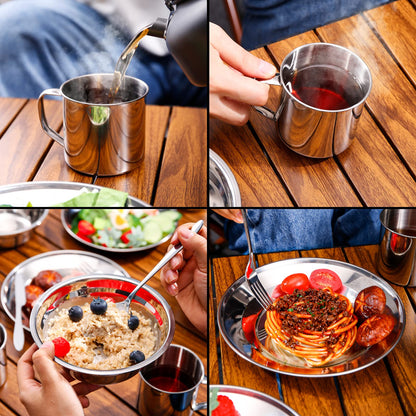 Odoland 29pcs Stainless Steel Utensils Camping Tableware Kit with Bowls Plates Cups Forks Spoons and Knives for 4, Cutlery Flatware Set for Backpacking, Outdoor Camping Hiking and Picnic