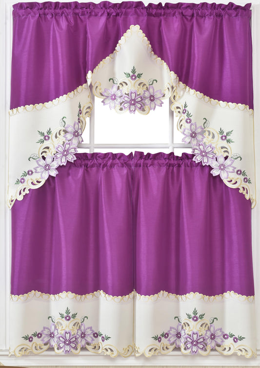 GOHD Arch Floral Kitchen Curtain Set/Swag Valance & Tier Set. Nice Matching Color Floral Embroidery on Border with cutworks (Purple)