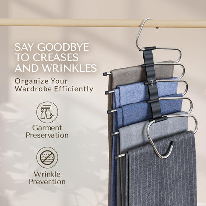 MORALVE Pants Hangers Space Saving - 2 Pack - Non-Slip Multi-Layer Space Saving Hangers - Multifunctional Clothing Rack for Closet Storage - Ideal for Jeans, Trousers, Skirts, Scarves & Slacks (Black)