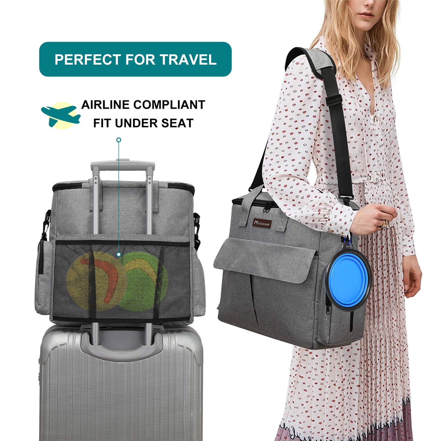 Modoker Dog Travel Bag, Weekend Pet Travel Set for Dog and Cat, Airline Approved Tote Organizer with Multi-Function Pockets, 2 Food Storage Containers, 2 Collapsible Bowls, 1 Feeding Mat (Grey)