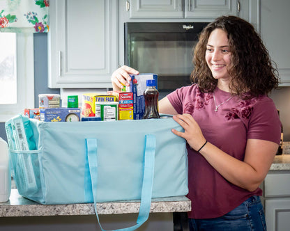 Lucazzi Extra Large Utility Tote Bag - Oversized Collapsible Reusable Wire Frame Rectangular Canvas Basket With Two Exterior Pockets For Beach, Pool, Laundry, Car Trunk, Storage - Light Blue