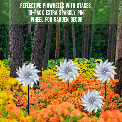 Hausse 10 Pack Reflective Pinwheels with Stakes (Assembly Required), Extra Sparkly Pin Wheel for Garden Decor, Bird Repellent Devices Deterrent to Scare Birds Away from Yard Patio Farm