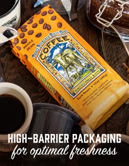 Raven's Brew Coffee Three Peckered Billy Goat, 12 Ounce - Dark Roast - Full Body with a Long Sweet Finish (Whole Bean, 12 oz)