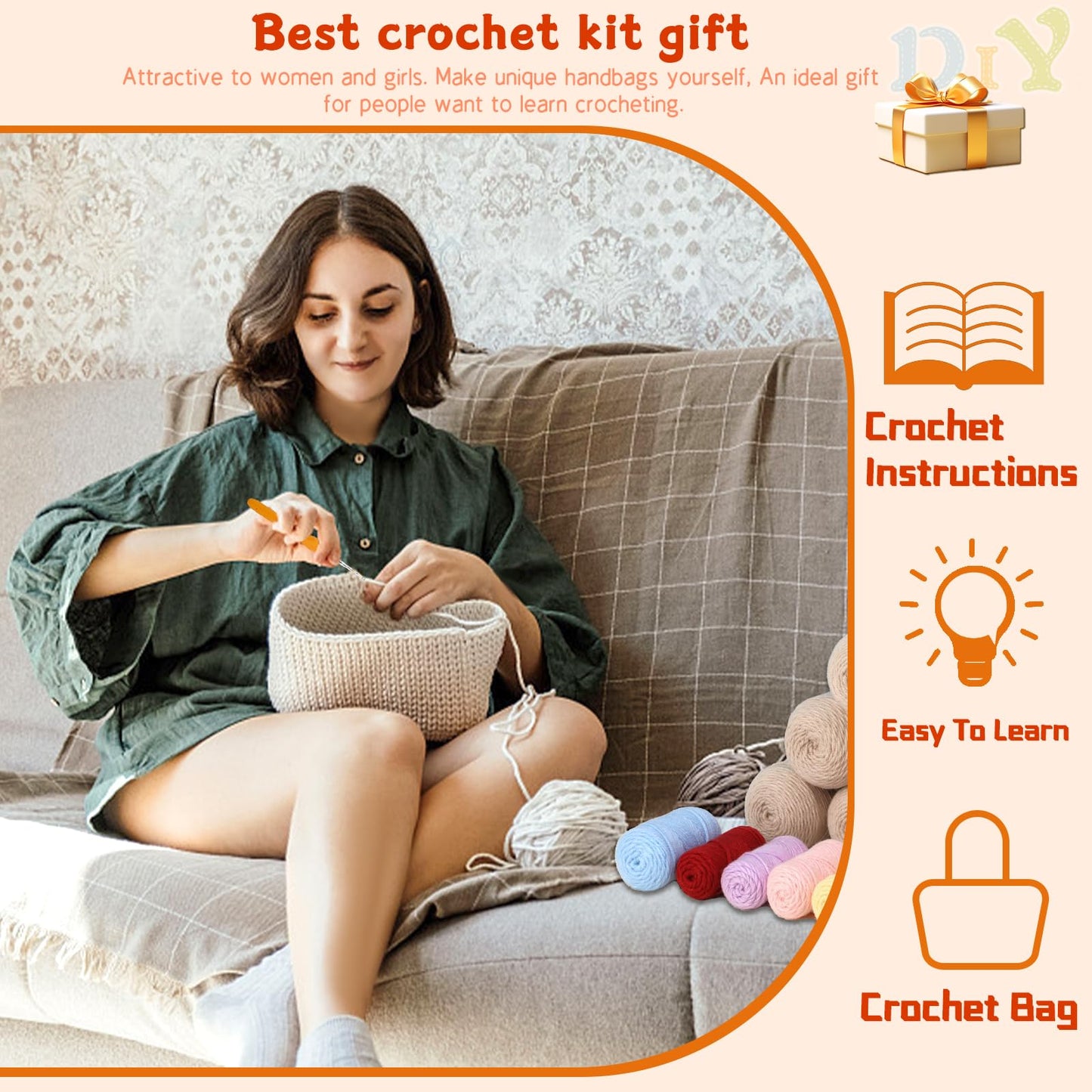Pnytty Crochet Bag Kit for Beginners Complete Starter Set with Yarn, Hook & Step-by-Step Video Tutorials DIY Shoulder Bag Crafting Gift for Adults (Beige)