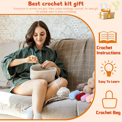 Pnytty Crochet Bag Kit for Beginners Complete Starter Set with Yarn, Hook & Step-by-Step Video Tutorials DIY Shoulder Bag Crafting Gift for Adults (Beige)