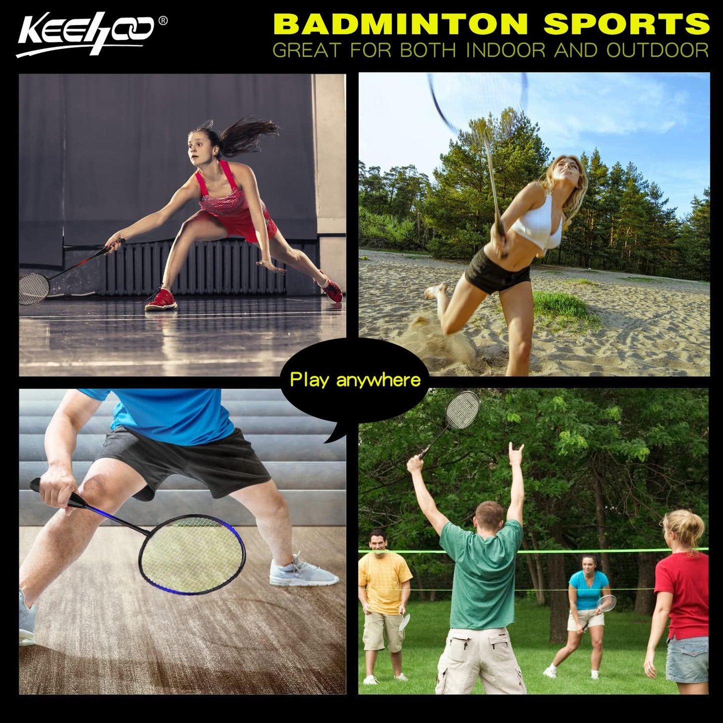 KH Badminton Rackets Set of 4,Beach Lawn Backyard Game Outdoor Sports,4 Racquets,6 Shuttlecocks & a Carry Bag Included