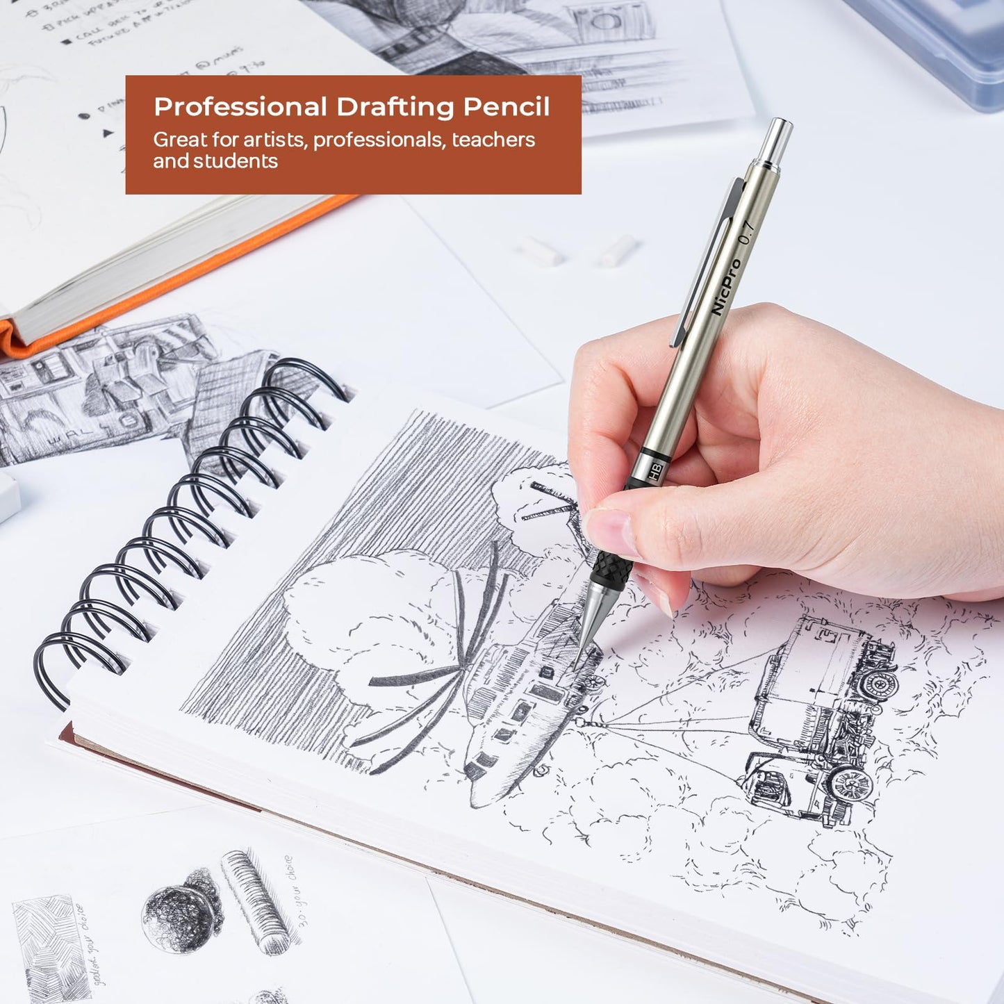 Nicpro 6PCS Art Mechanical Pencil Set, 3PCS Metal Drafting Pencil 0.5 mm & 0.7 mm & 0.9 mm & 3PCS 2mm Graphite Lead Holder (2B HB 2H) For Writing, Sketching Drawing With Lead Refills Case