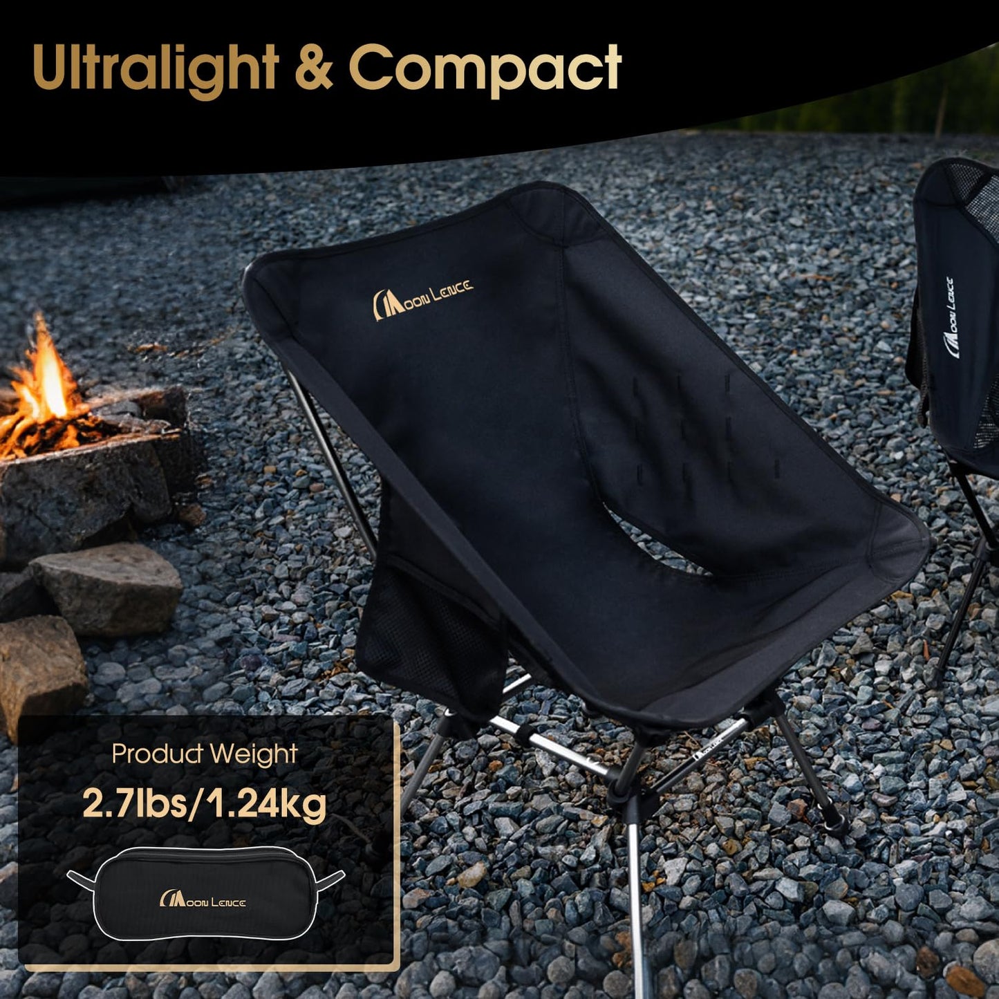 MOON LENCE Portable Camping Chair Plus, Larger & Roomier, Compact and Lightweight Still, Folding Chair for Backpacking & Hiking, 330Lbs Capacity (Black)