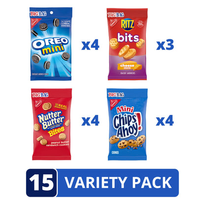 OREO Mini Cookies, CHIPS AHOY! Mini Cookies, Nutter Butter Bites & RITZ Bits Cheese Crackers Variety Pack, 15 Big Bags