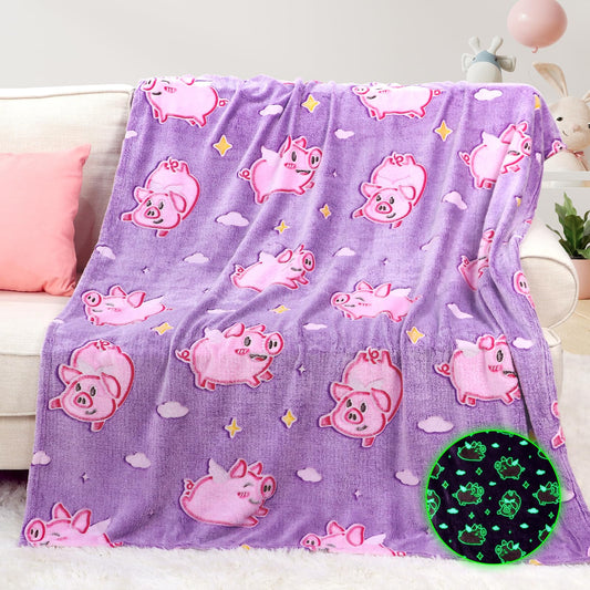 MIBOI Pig Gifts for Girls Glow in The Dark Pig Blanket for Kids Cute Pink Toy Animal Blanket Decor Birthday Christmas