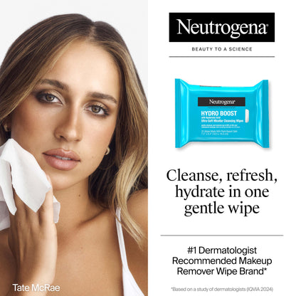 Neutrogena Hydro Boost Ultra-Soft Micellar Cleansing Wipes with Hyaluronic Acid, Hydrating Makeup Remover Wipes Remove Dirt & Waterproof Makeup, Hypoallergenic, Plant-Based Cloth, 2 x 25 ct