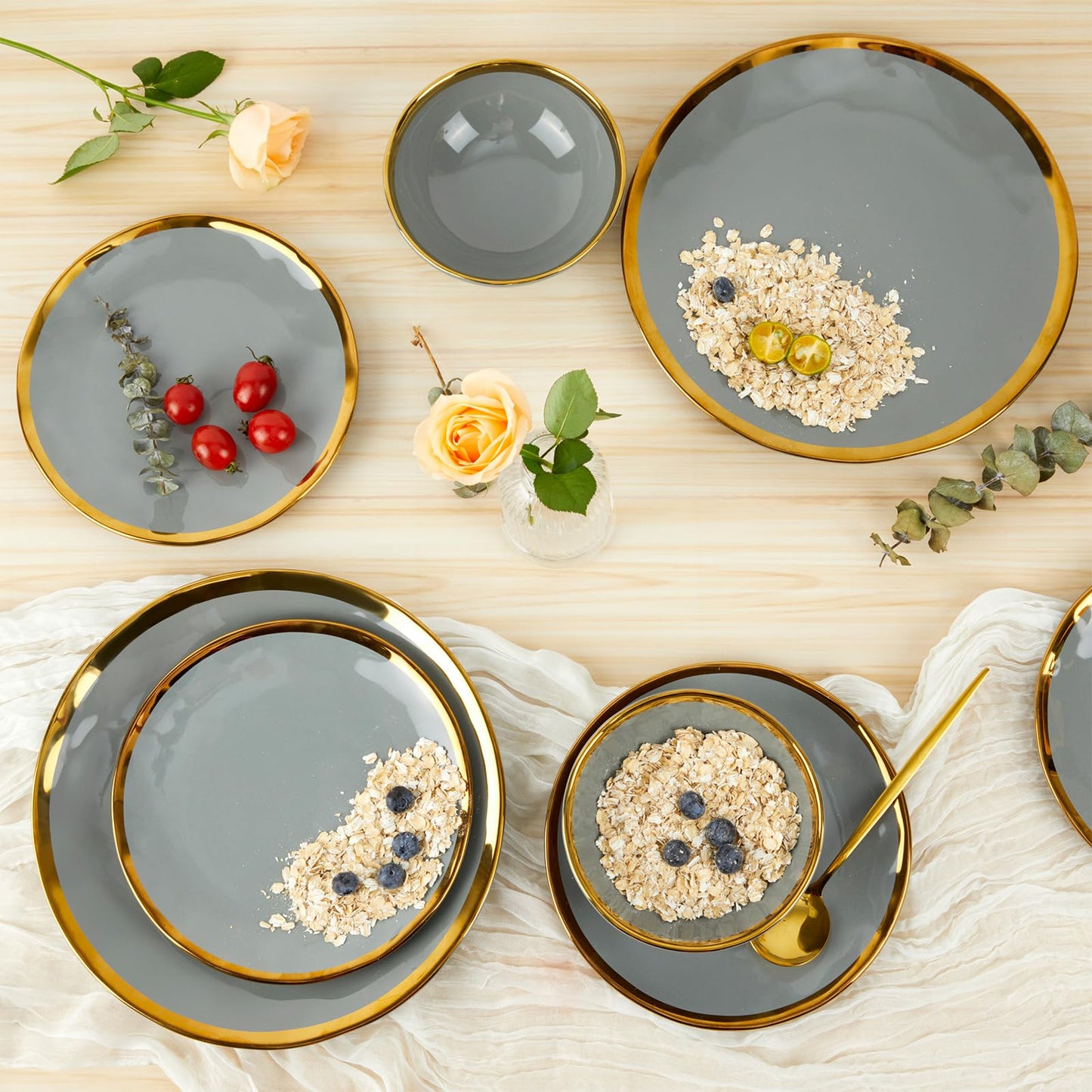 Pokini Porcelain Luxury Dinnerware Sets, Modern Plates and Bowls Sets for 4, Highly Chip and Crack Resistant, Grey and Gold Rim China Dishes Set for Wedding Anniversary