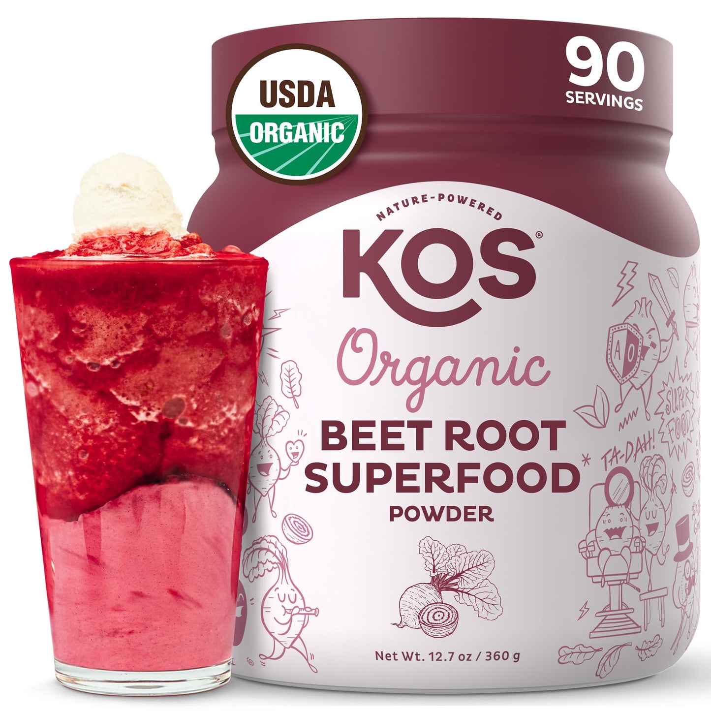 KOS Organic Beet Root Powder - USDA Certified, Non-GMO, Gluten & Soy Free - 90 Servings