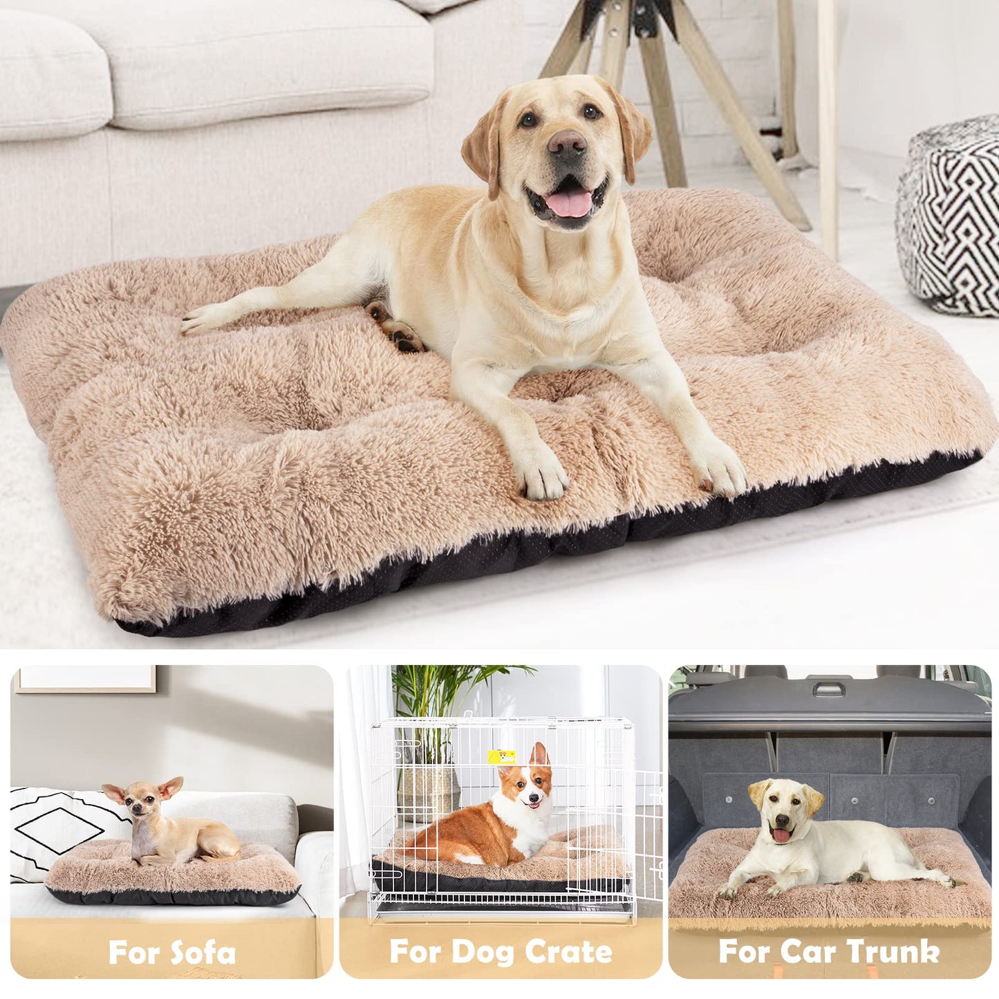 JOEJOY Large Dog Bed Crate Pad, Deluxe Plush Washable Dog Beds Fulffy Soft Kennel Pad Anti-Slip Pet Sleeping Mat for Extra Large Medium Small Dogs, 40" x 27", Beige