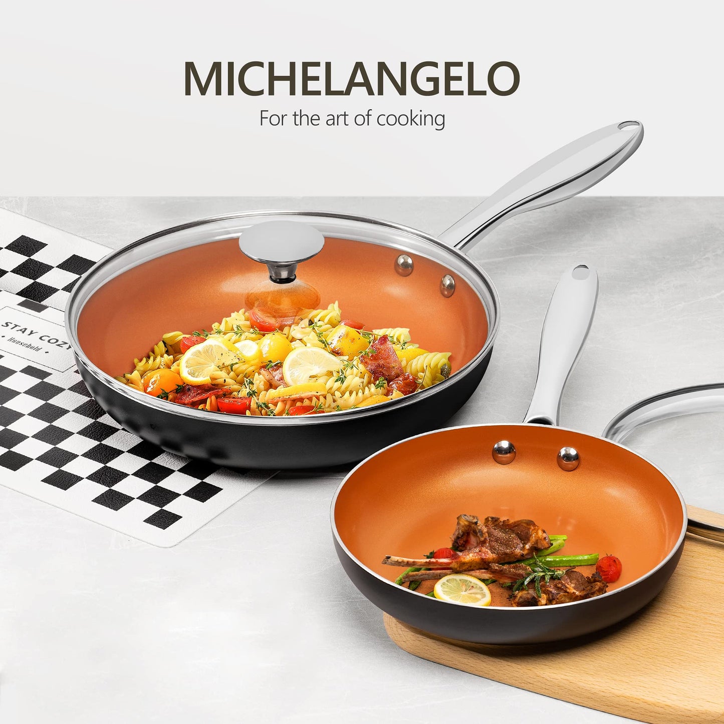 MICHELANGELO 12 Inch Frying Pan with Lid, Nonstick Copper Frying Pan, Non Stick Ceramic Skillet with Lid, Large Copper Pan Non-Stick, Induction Compatible