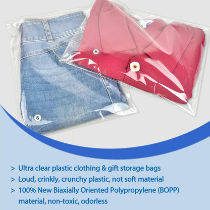 PigPotParty 10" x 13" Clear Plastic T-Shirt Bags with Clothing Size Stickers, 100 Pcs Cellophane Shirt Sleeves Packaging Bags for Small Business, Thick, Self-adhesive & Resealable