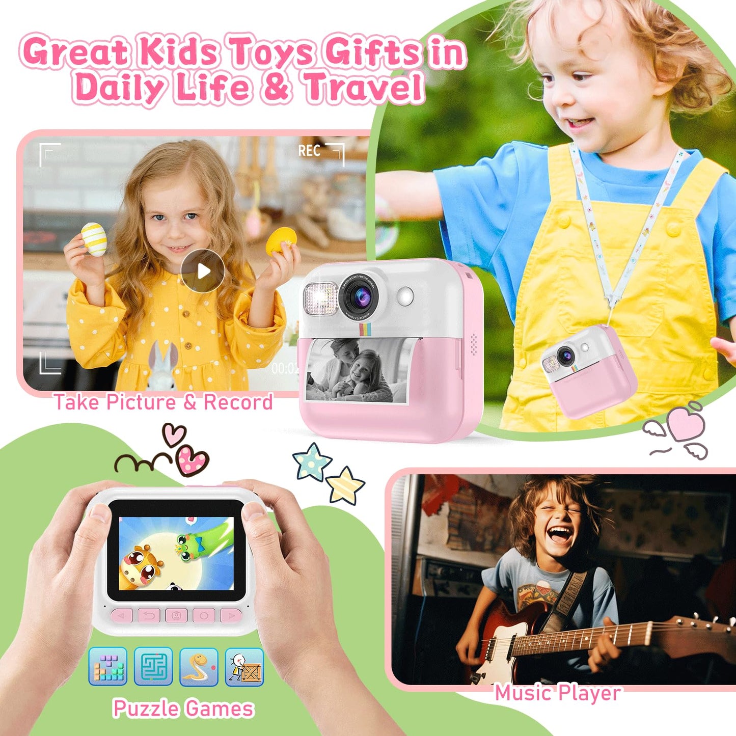Kids Camera for Girls, 1080P Instant Print Camera, Kids Christmas Birthday Gifts Girls Toys, Children Digital Camera with 32GB Card, Toddler Camera Portable Toys for 3 4 5 6 7 8 9 Year Old Girl Pink