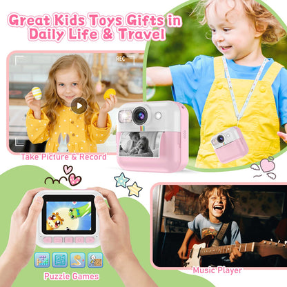 Kids Camera for Girls, 1080P Instant Print Camera, Kids Christmas Birthday Gifts Girls Toys, Children Digital Camera with 32GB Card, Toddler Camera Portable Toys for 3 4 5 6 7 8 9 Year Old Girl Pink