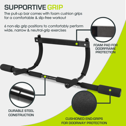 ProsourceFit Multi-Grip Lite Pull Up/Chin Up Bar, Heavy Duty Doorway Upper Body Workout Bar for Home Gyms 24”-32”