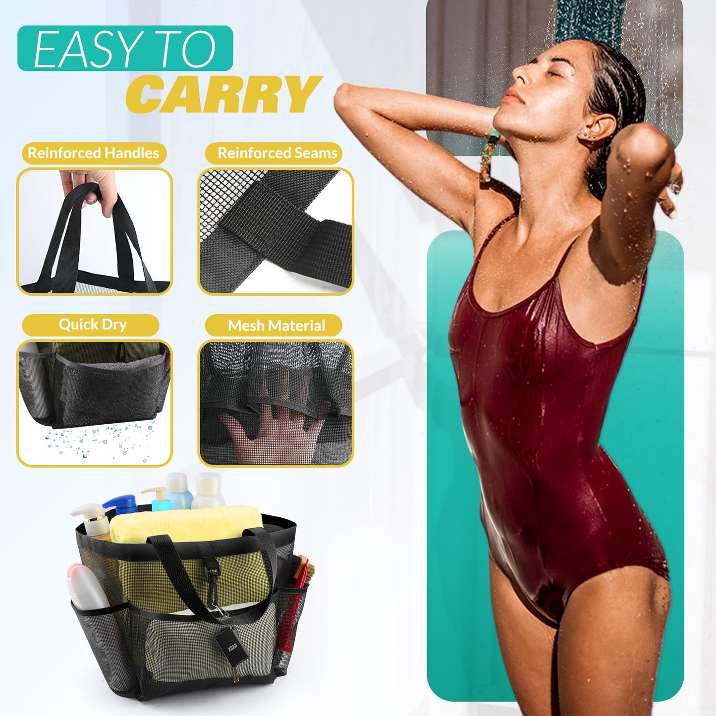 LOYEE Mesh Shower Caddy Portable for College Dorm Room Essentials with 8 Pockets, Shower Bag for Beach, Swimming, Gym, Travel, Bathroom(Black)