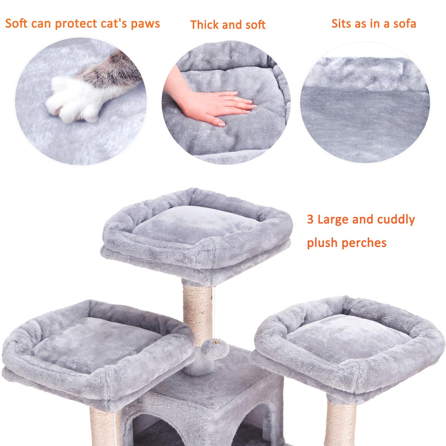 Heybly Cat Tree, 73 inches Tall Cat Tower for Large Cats 20 lbs Heavy Duty for Indoor Cats,Big Cat Furniture Condo for with Padded Plush Perch, Cozy Basket and Scratching Posts Light Gray HCT030W