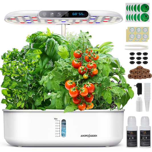 Ahopegarden Hydroponics Growing System with 12 Pods, Indoor Garden Kit with LED Grow Light & LCD Temp Humidity Display, Smart Quiet Pump Planter for Herbs, Lettuce, Vegetables, Kitchen Garden Use