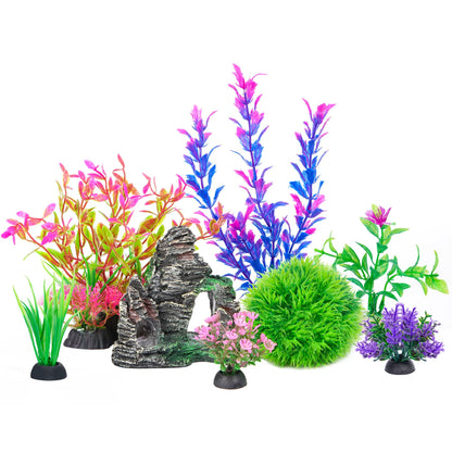 Ameliade Aquarium Artificial Plastic Plants Decorations and Rock Cave Decor Set Goldfish Betta Fish Tank Accessories Small Large Fish Bowl Ornaments