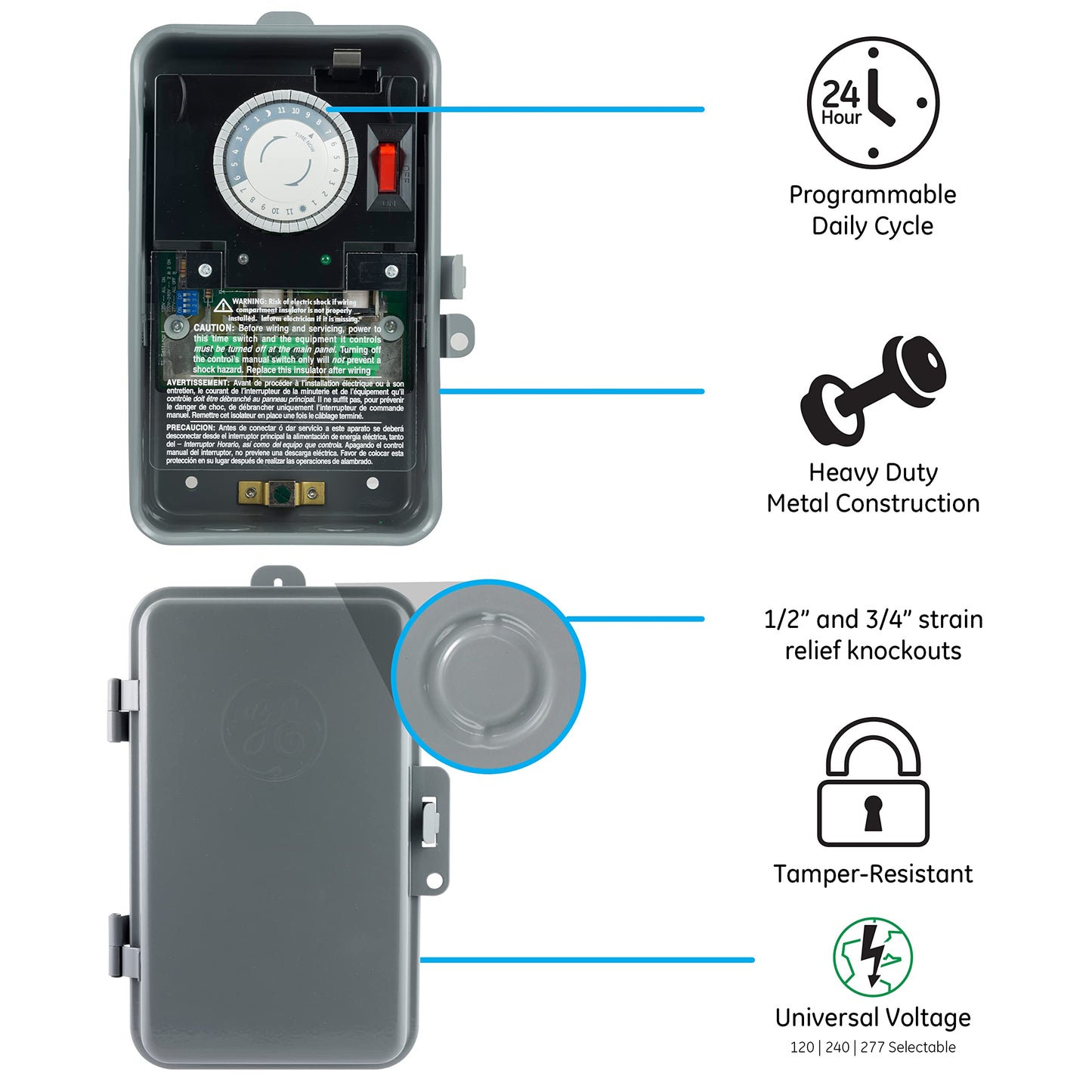 GE 24-hour Mechanical Pool Timer Switch, 2HP 40A Load Capacity Pool Pump Timer, Outdoor NEMA 3R-Rated Box , Universal Voltage Replacement, Water Heater , Tamper Resistant, 46536