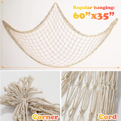 2 Pack Fish Net Decorations for Party, Natural Cotton Hawaiian Party Fishing Net Decorative, Nautical Themed Cotton Fishnet Under The Sea Pirate Ocean BeachHalloween Decor