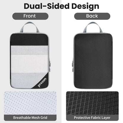 Prezon 8 Set/6 Set/4 Set Compression Packing Cubes for Travel, Lightweight Vacation Travel Essentials, Accessories for Suitcase Organizer Bags Set, Durable Luggage Organizer （6-half mesh-Black）