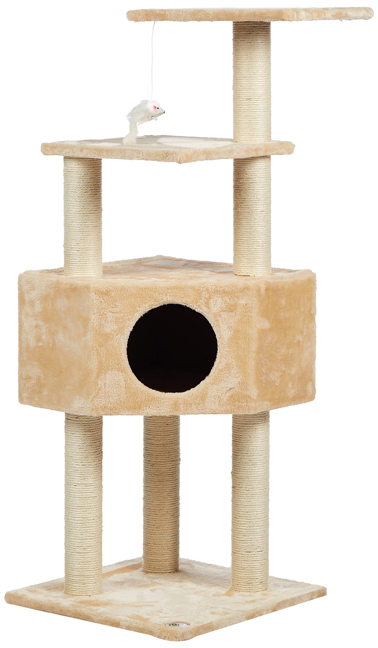 Go Pet Club 51" FULL Sisal Covered Scratching Posts Corner Cat Tree Kitty Tower Kitten Condo House Furniture with Hanging Toy for Indoor Cats, Beige