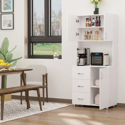 HOMCOM Freestanding Kitchen Pantry, Buffet with Hutch Storage Organizer with 2 Door Cabinets, 3 Drawers and Open Countertop, Adjustable Shelf, White