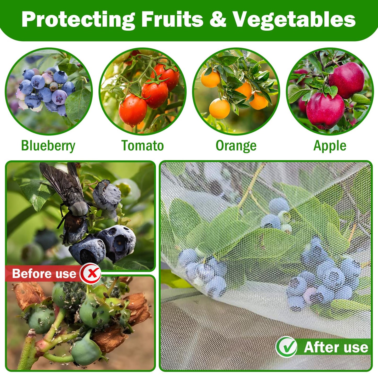 4 Pack Garden Mesh Netting for Plants 2.6x3.3ft - 3.3x4.9ft Insect Bird Netting Pest Barrier Bag with Drawstring 2 Size Fruits Tree Blueberry Bush Netting Cover Bag Protection for Vegetables Tomato