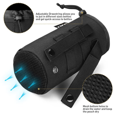 Gonex Tactical Military MOLLE Water Bottle Pouch, Drawstring Open Top & Mesh Bottom Travel Water Bottle Bag Tactical Hydration Carrier Black