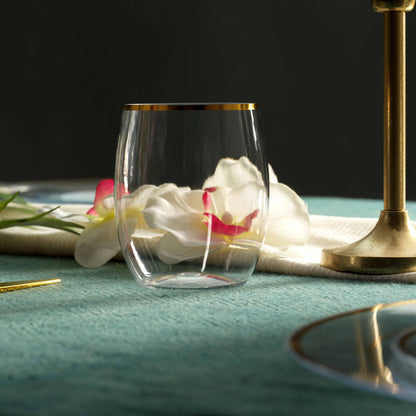 Munfix Plastic Stemless Wine Glasses with Gold Rim, Disposable Clear Plastic Cups 12 Oz - 24 Pack - Shatterproof Recyclable and BPA-Free