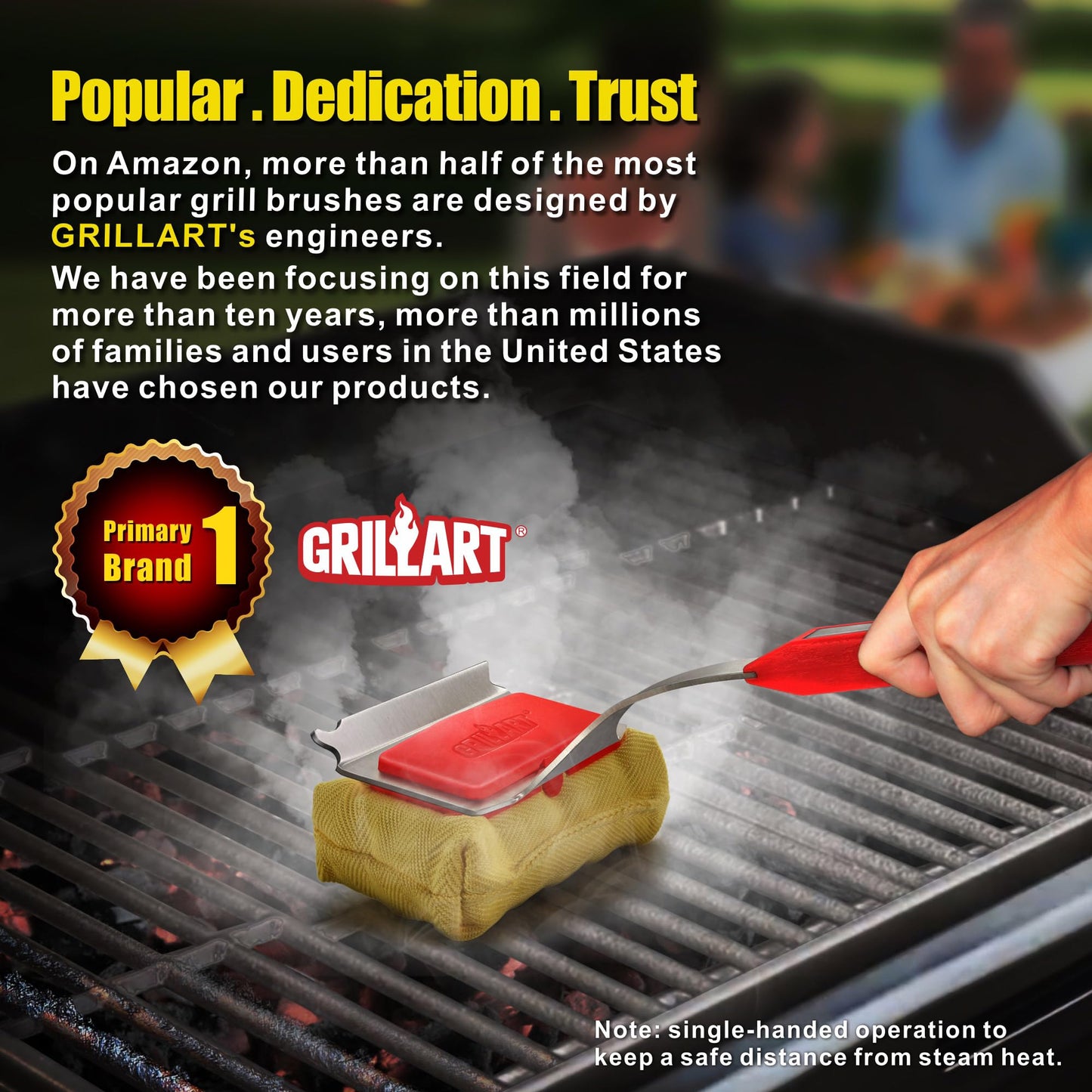 GRILLART Grill Brush Bristle Free. SteamWizards BBQ Replaceable Cleaning Head, Unique Seamless-Fit Scraper Tool for Cast Iron/Stainless-Steel Grates, Safe Barbecue Grill Cleaner-Red