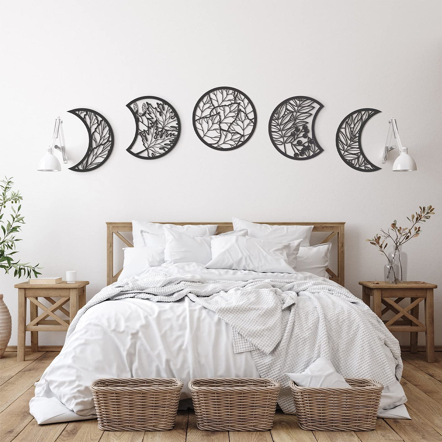 Jetec 5 Pcs Moon Phase Wall Art Decor Wall Pediments Hanging Wooden Moon Phase Spiritual Bedroom Nordic Boho Lunar Aesthetic Art for Living Room Dorm Apartment Bar Ornament(Black,10.6 Inch)