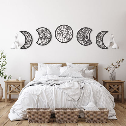 Jetec 5 Pcs Moon Phase Wall Art Decor Wall Pediments Hanging Wooden Moon Phase Spiritual Bedroom Nordic Boho Lunar Aesthetic Art for Living Room Dorm Apartment Bar Ornament(Black,10.6 Inch)