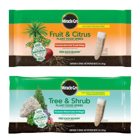 Miracle-Gro Plant Food Spikes Bundle for Fruit and Citrus Plus Trees and Shrubs, For Deciduous, Evergreen and Flowering Trees and Shrubs, 24 Spikes