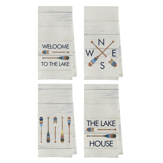 Geqtt Rustic Lake Kitchen Towels Set - Lake Dish Towels for Kitchen, Lake House Gifts, Welcome to The Lake Hand Tea Towels for Bathroom, Lake House Decor for The Home (16×24 Inches Set of 4)