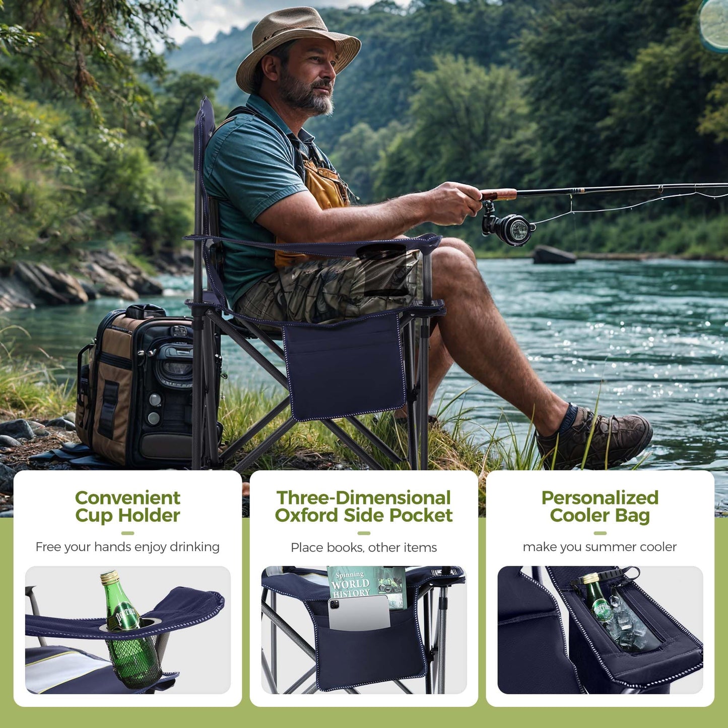 ALPHA CAMP Oversized Camping Chair Heavy Duty Lawn Chair with Cooler Bag Support 450 LBS Steel Frame Collapsible Padded Arm Folding Chair for Outdoor,Blue