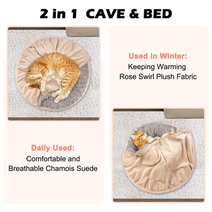 GASUR Small Dog & Cat Bed, 23'' Donut Pet Bed Mat with Hooded Blanket, Anti-Anxiety Burrow Cave Bed, Cozy Puppy Bed, Machine Washable, for Indoor Pets up to 20lbs