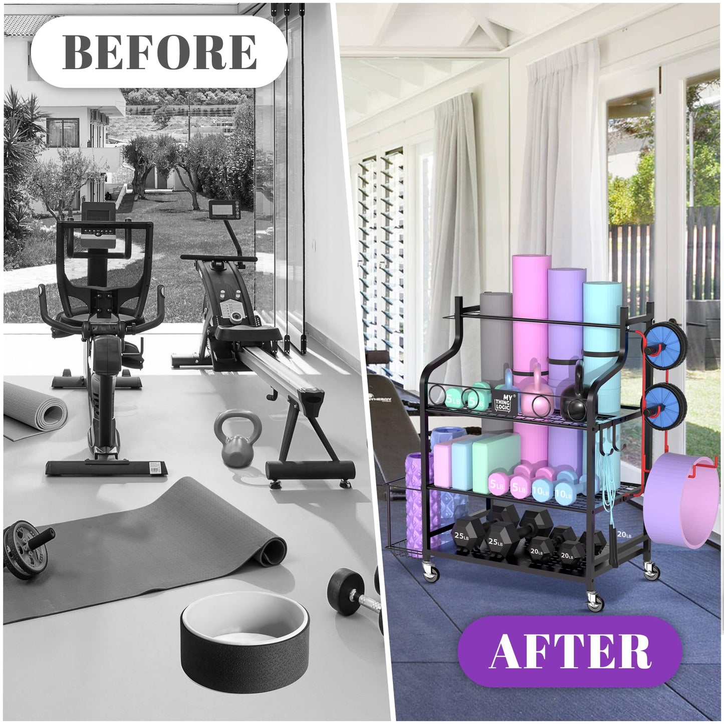 Mythinglogic Yoga Mat Storage Racks for Home, Gym Rack for Dumbbells Kettlebells Foam Roller, Yoga Strap and Resistance Bands, Workout Equipment Organizer With Hooks and Wheels