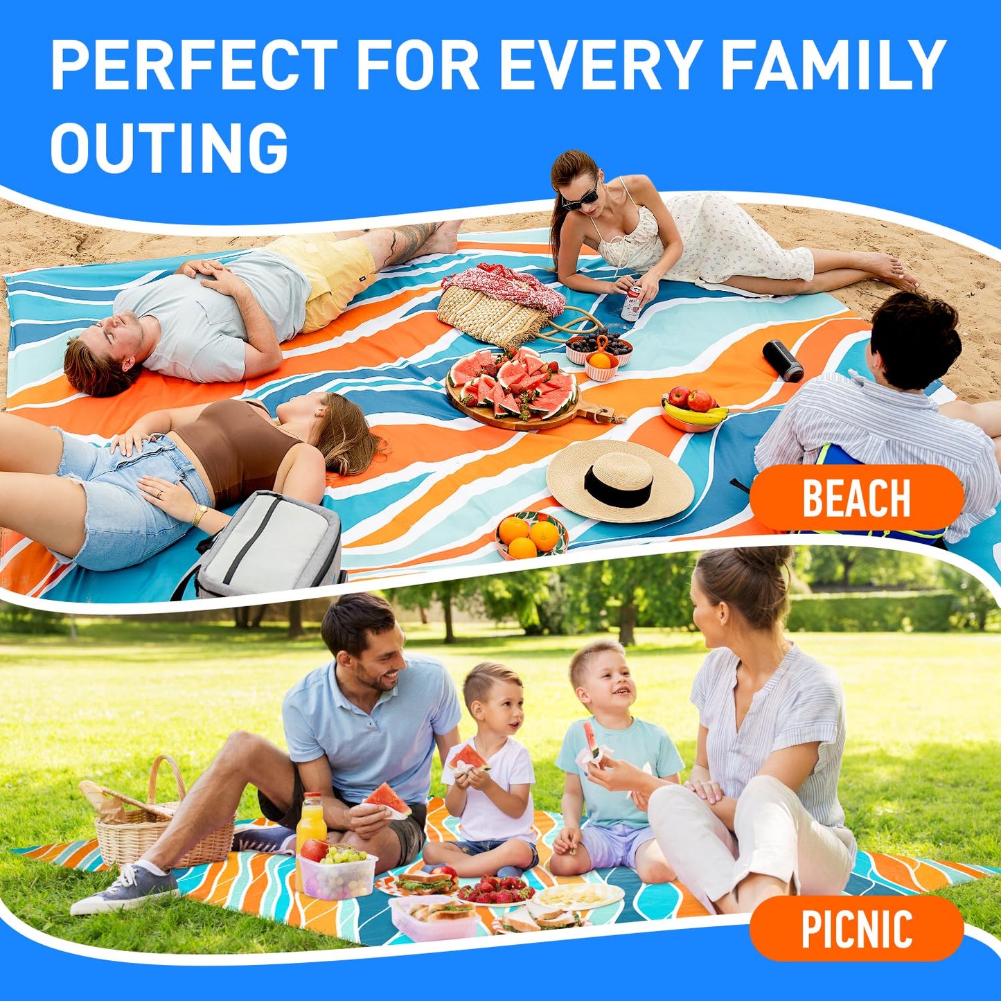 Everlasting Comfort Extra Large Beach Blanket Waterproof & Sandproof - 128" x 108"/10.7ft x 9ft - Lightweight Beach Mat, Picnic Mat, Camping Blanket for 10 People - Ideal for Festivals - Orange