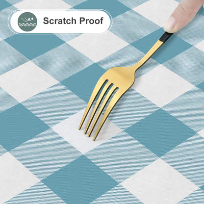 misaya Round Waterproof Vinyl Table Cloth, Buffalo Flannel Backed Tablecloth, Wipeable Plastic Table Cover for Dinner, Kitchen, Picnic (60", Aquamarine and White)