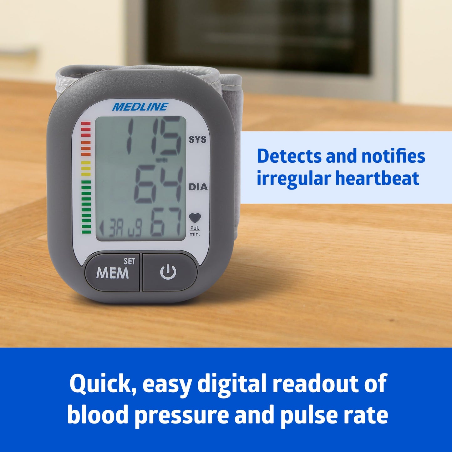 Medline Digital Wrist Blood Pressure Monitor, Wearable, Digital LCD Display, Stores Up To 60 Readings, Batteries Included